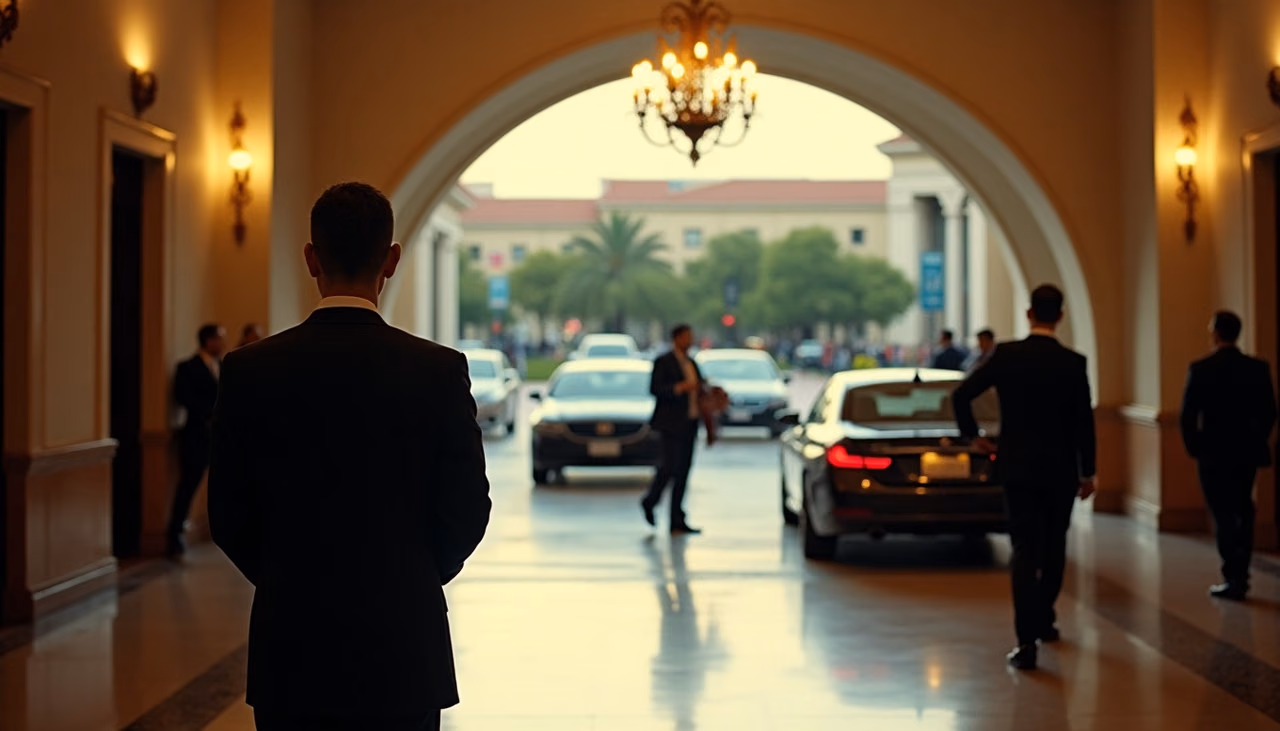Oficial de traje supervisando el descenso de invitados en la zona de valet del hotel al anochecer