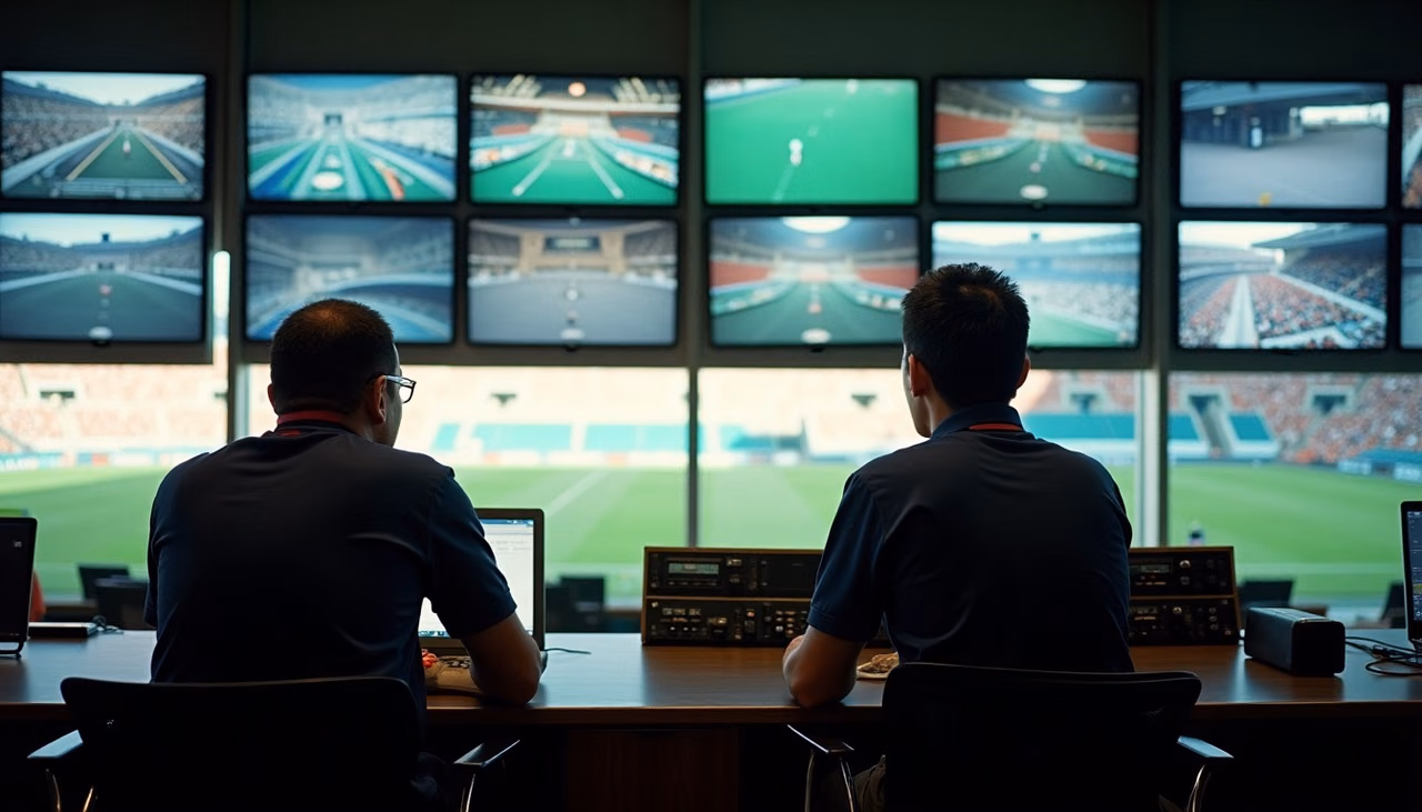 Dos operadores revisando el muro de monitores del centro de control del estadio con las radios sobre la mesa