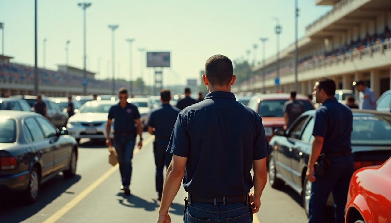 Elementos de SEPRIEV dirigiendo la entrada de autos al estacionamiento del estadio mientras los aficionados caminan hacia los accesos