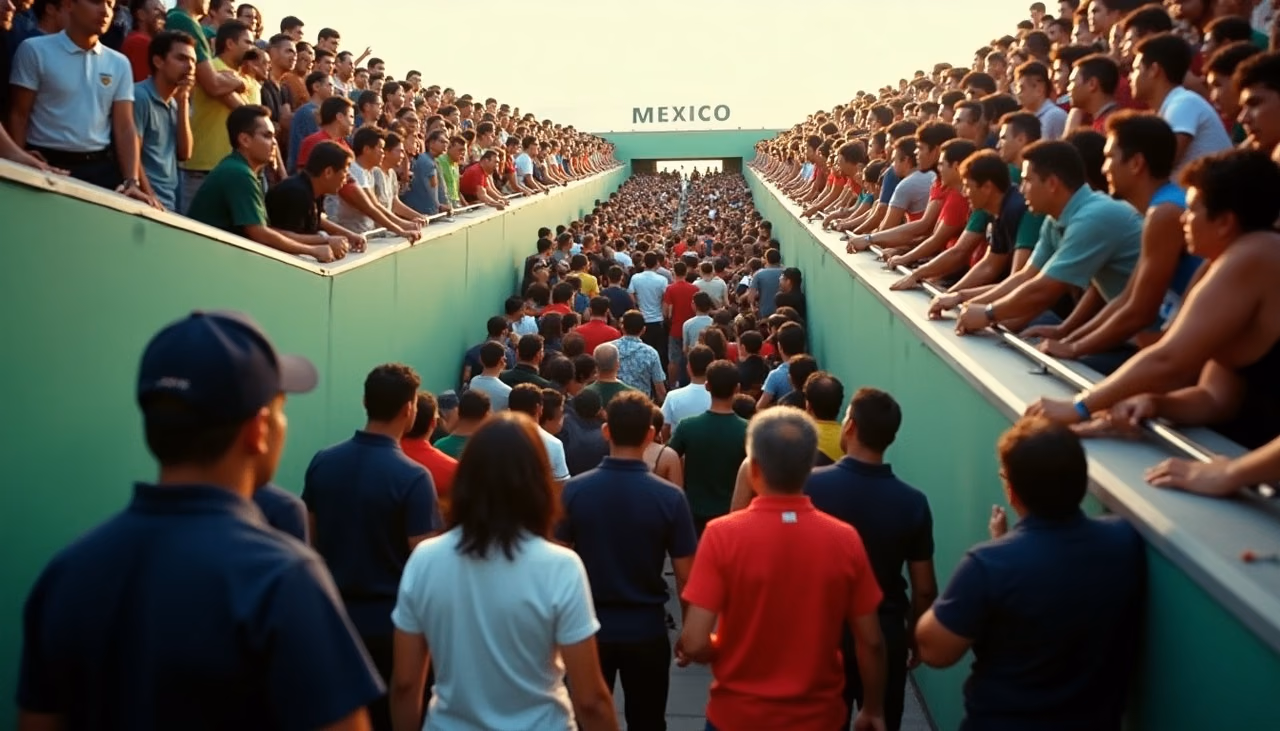 Aficionados saliendo por la rampa del estadio al final del partido mientras los elementos mantienen el flujo