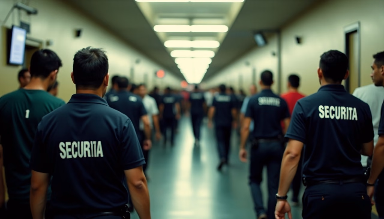 Fila de elementos formando un corredor en el pasillo del estadio para separar a dos grupos de aficionados