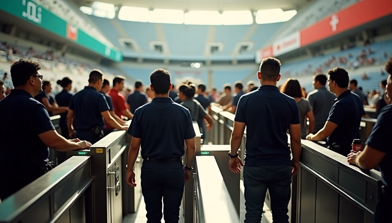 Aficionados pasando por los torniquetes del estadio mientras los elementos revisan bolsas y boletos