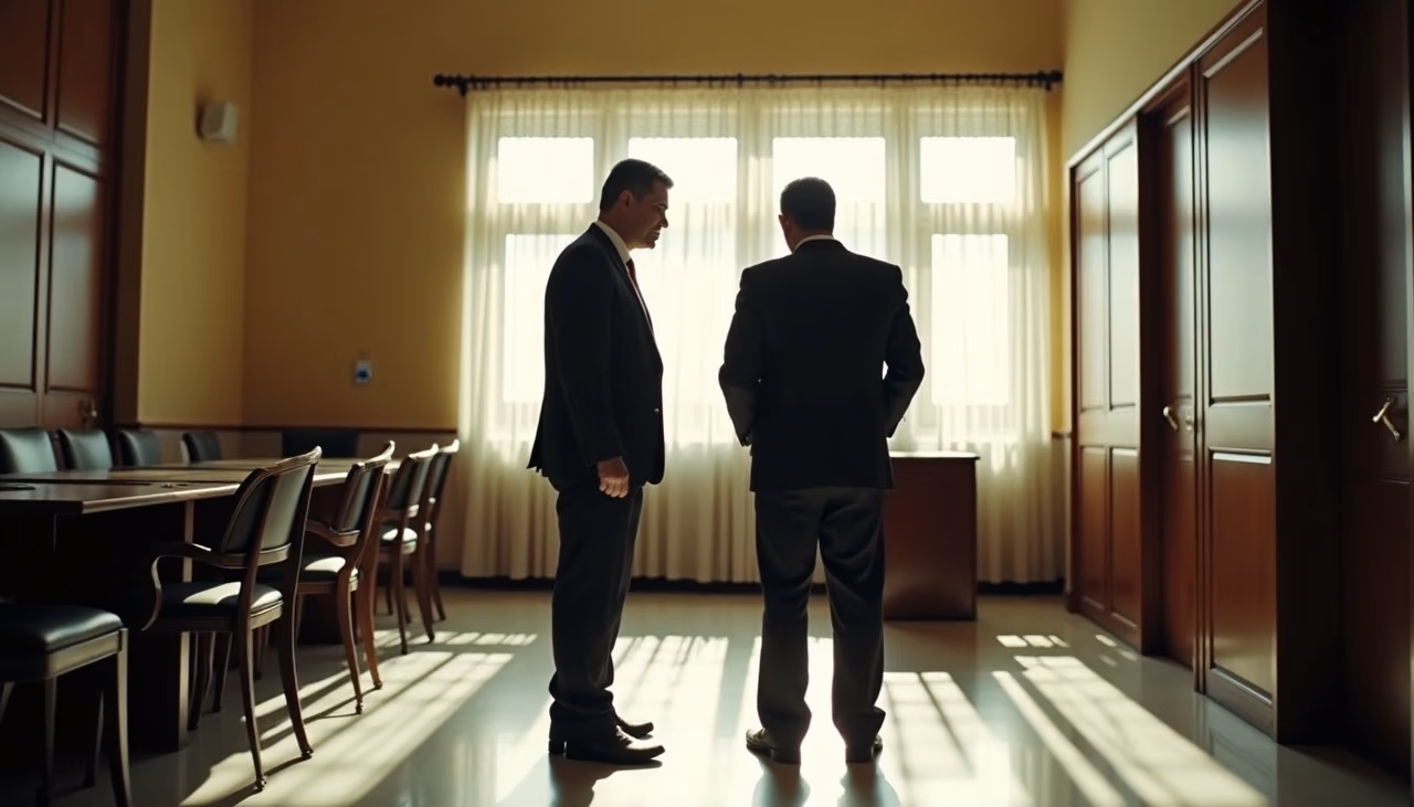 Dos elementos revisando una sala de juntas vacía antes de la llegada del cliente