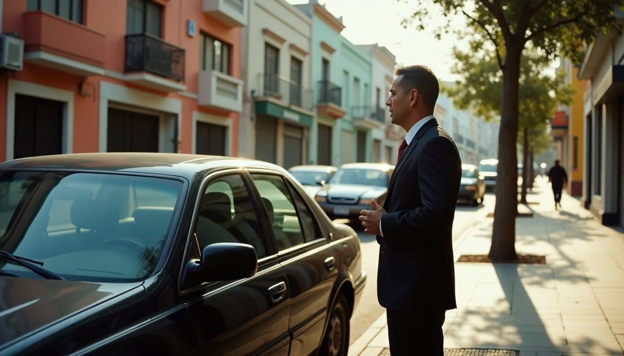 Conductor de traje esperando junto al sedán negro estacionado, observando la banqueta