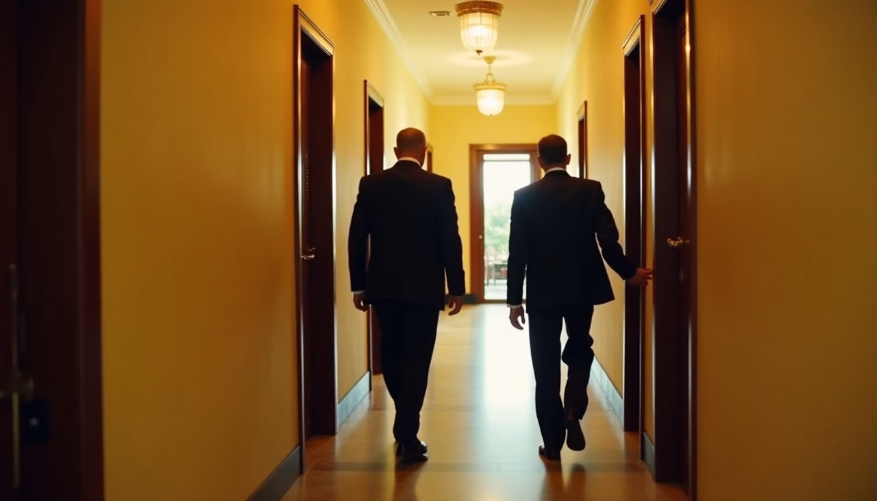 Dos escoltas recorriendo el pasillo de un hotel por delante del cliente, uno revisando una puerta lateral