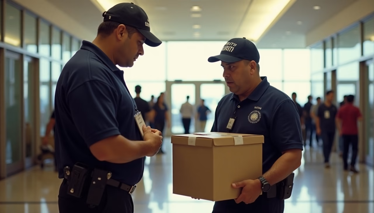 Elemento revisando la credencial de un expositor que llega con cajas a la entrada del pabellón durante el montaje
