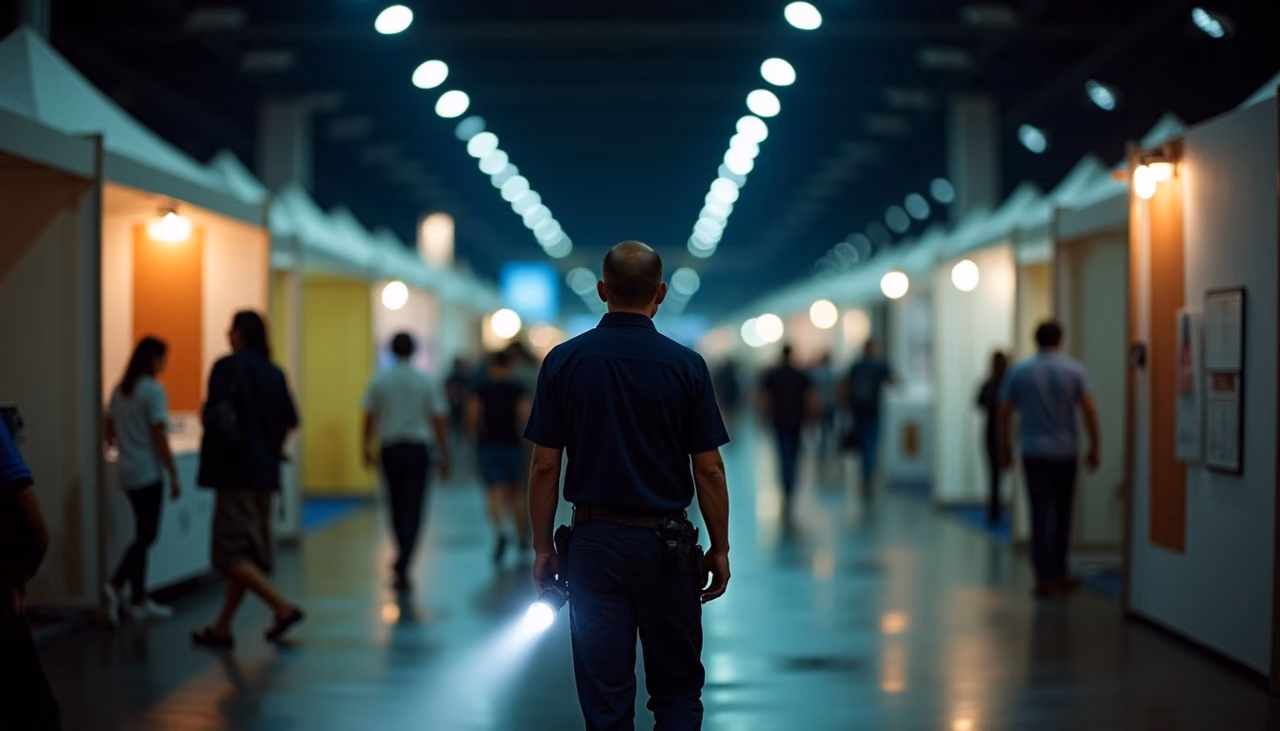Guardia recorriendo con linterna el pabellón a oscuras entre los stands cubiertos, ya sin público