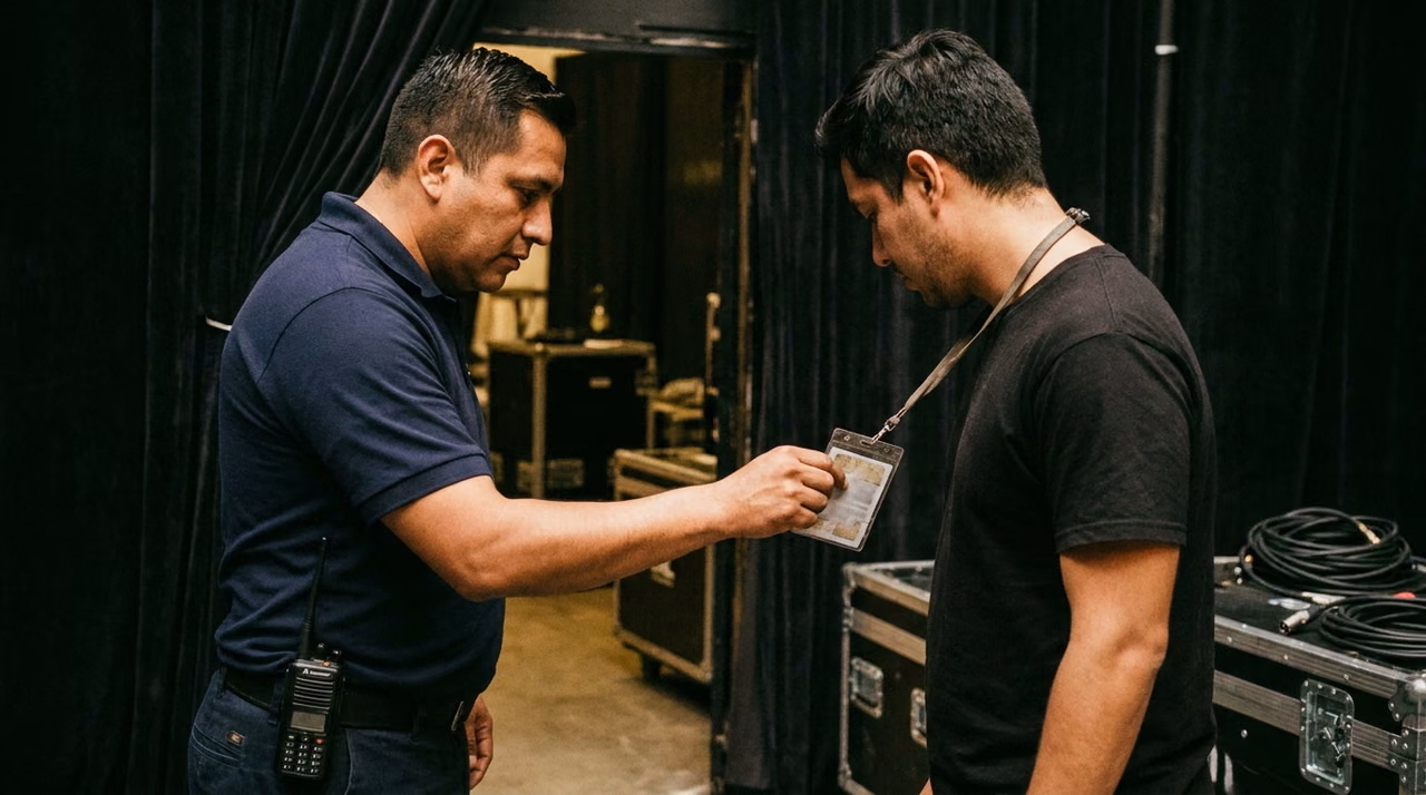 Elemento revisando la acreditación colgada al cuello de un integrante del staff en la entrada del backstage