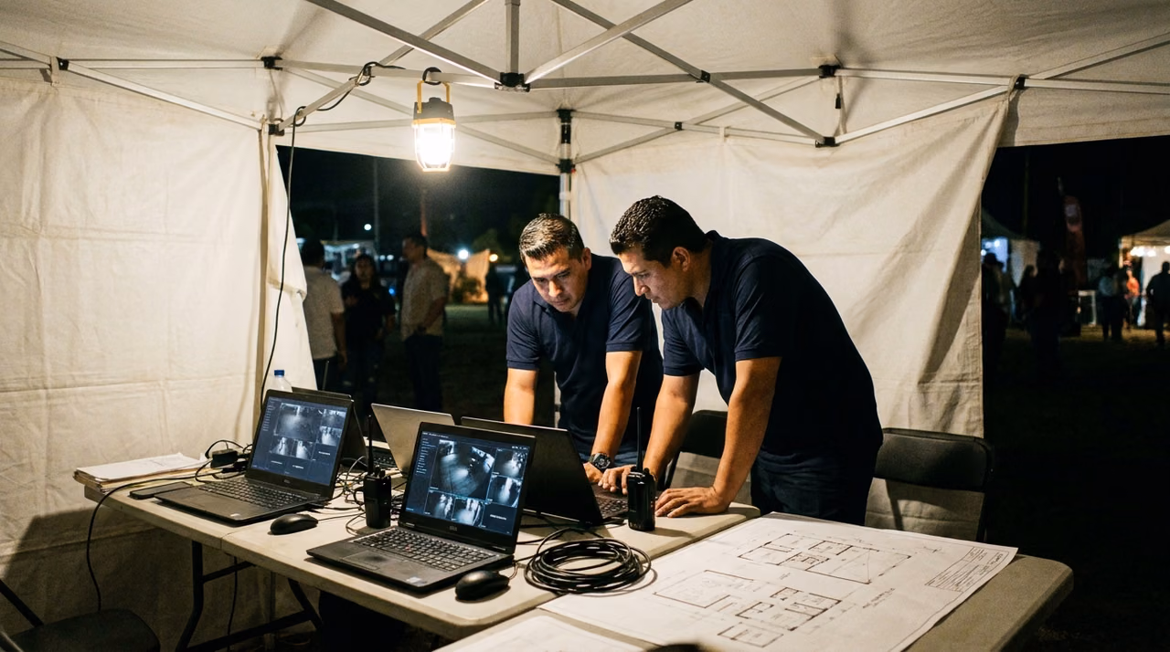 Dos operadores de SEPRIEV revisando cámaras en el centro de mando montado en una carpa, con los planos del recinto sobre la mesa