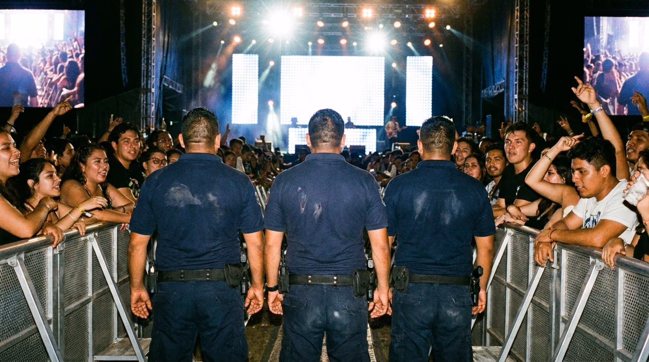 Tres elementos de espaldas al escenario dentro del foso, frente al público apoyado en la valla durante un concierto