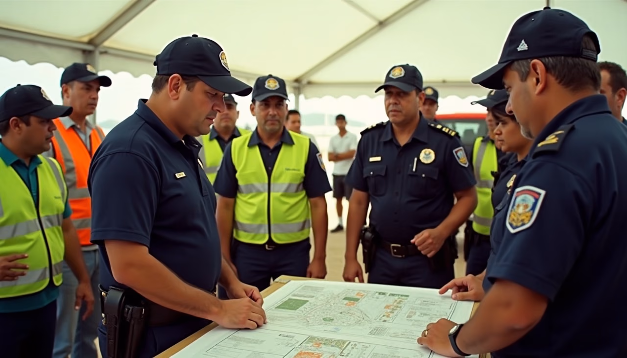 Coordinadores de SEPRIEV reunidos con personal de protección civil y policía alrededor del plano del predio en la carpa de mando