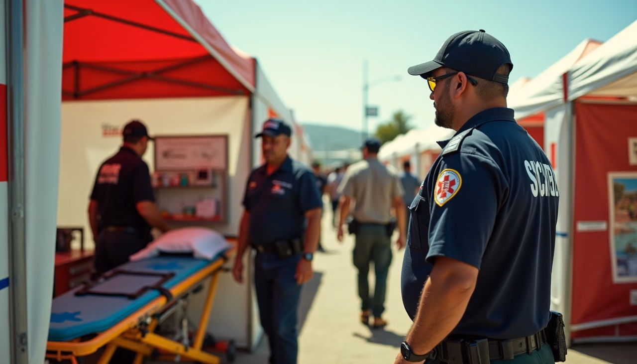 Coordinador de seguridad hablando con paramédicos junto a la carpa del puesto médico del festival