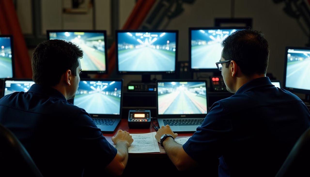 Dos operadores revisando en el centro de mando las vistas de cámara del público, con los planos impresos sobre la mesa