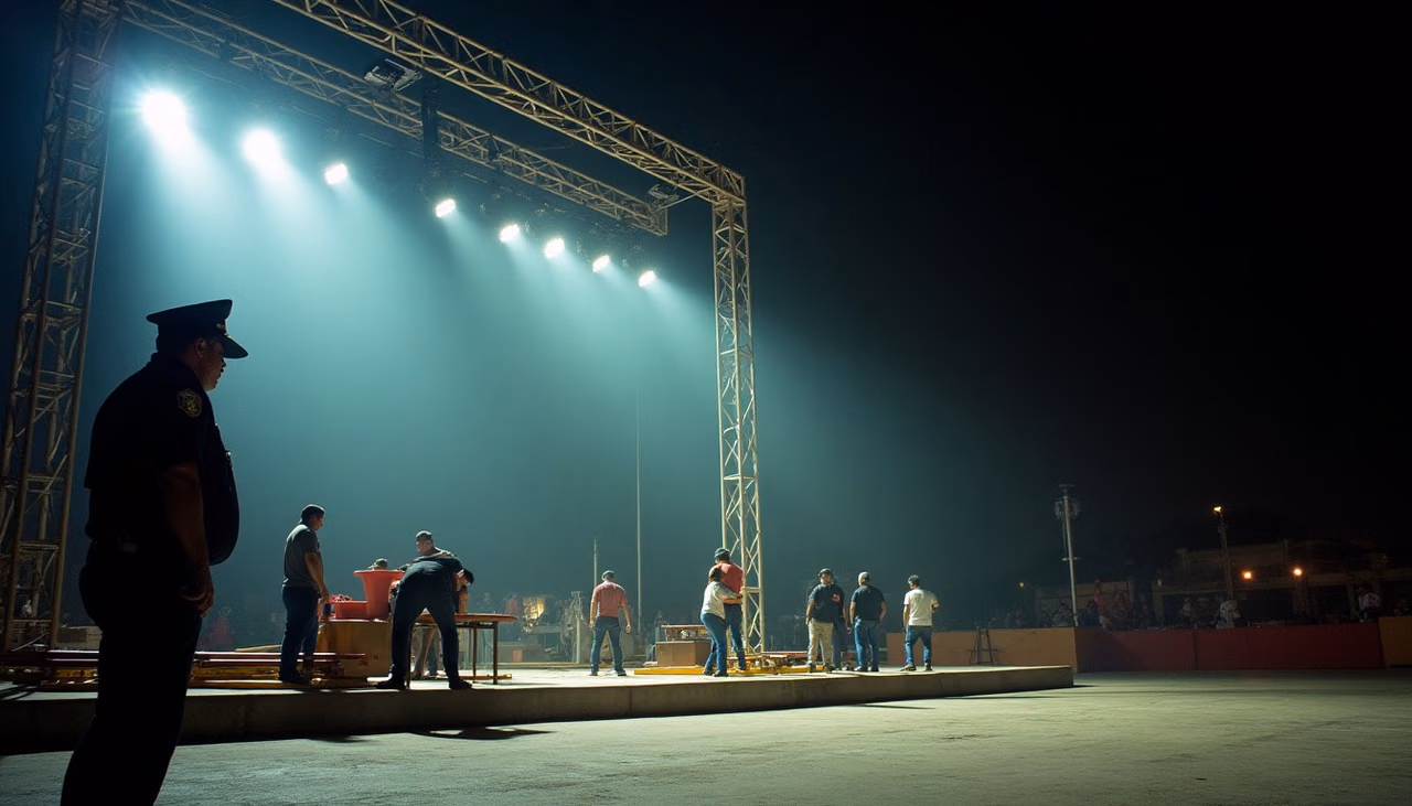 Riggers armando la estructura de escenario durante la noche mientras un elemento vigila el perímetro de la zona