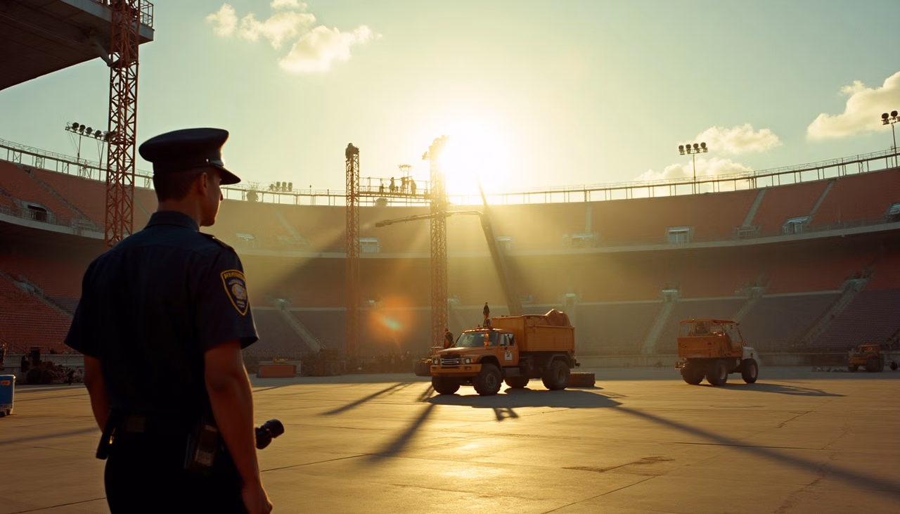 Cuadrilla desarmando la estructura al amanecer en el recinto vacío, con el elemento de seguridad presente con su radio