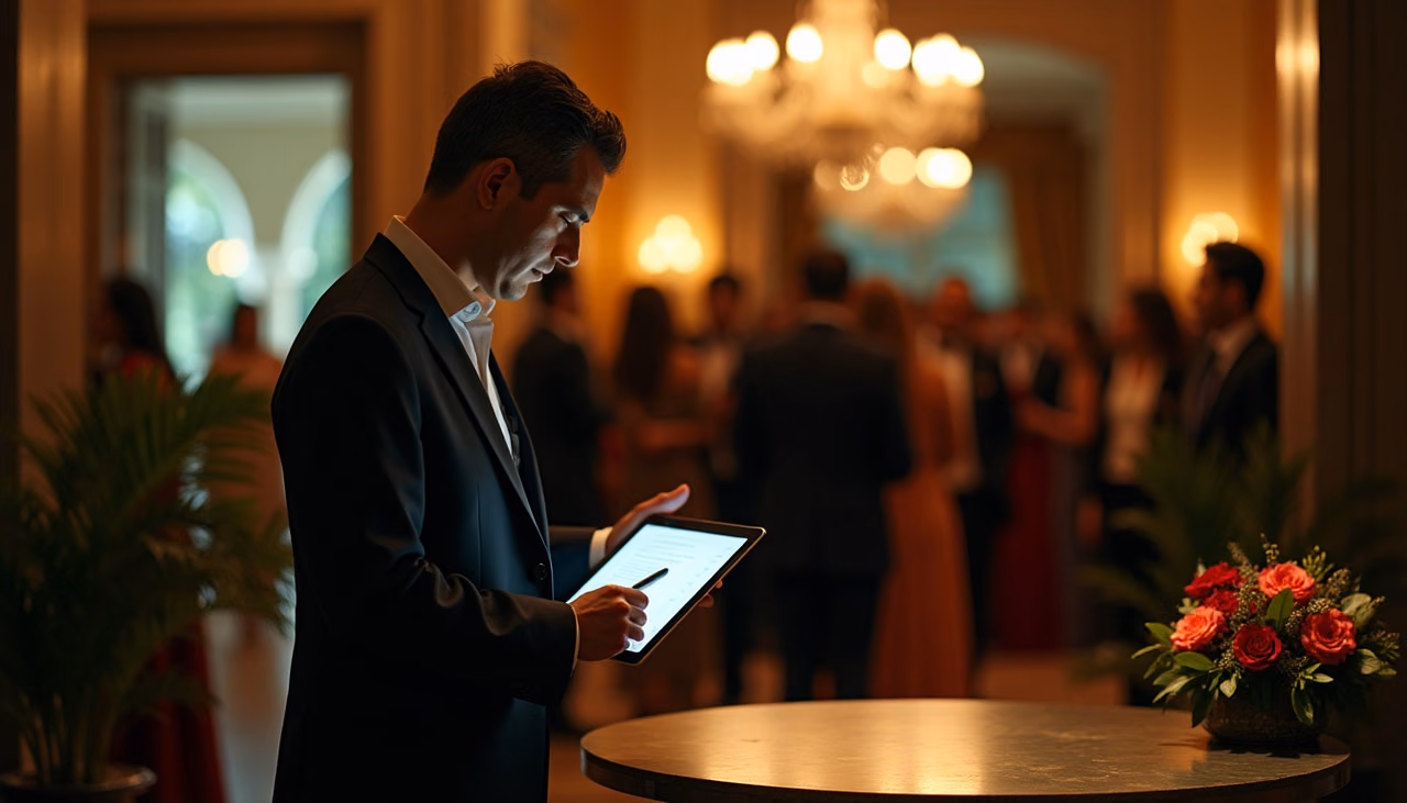 Oficial revisando la lista de invitados en una tableta sobre la mesa de bienvenida del evento