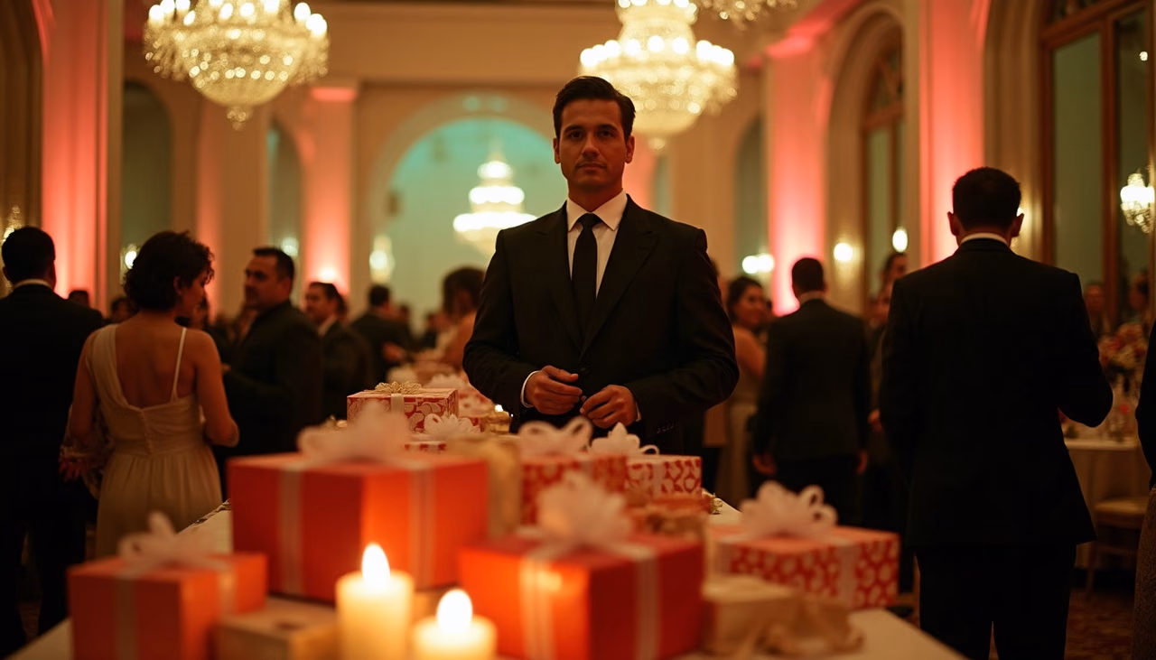 Oficial de traje resguardando la mesa de regalos con los obsequios envueltos durante la fiesta