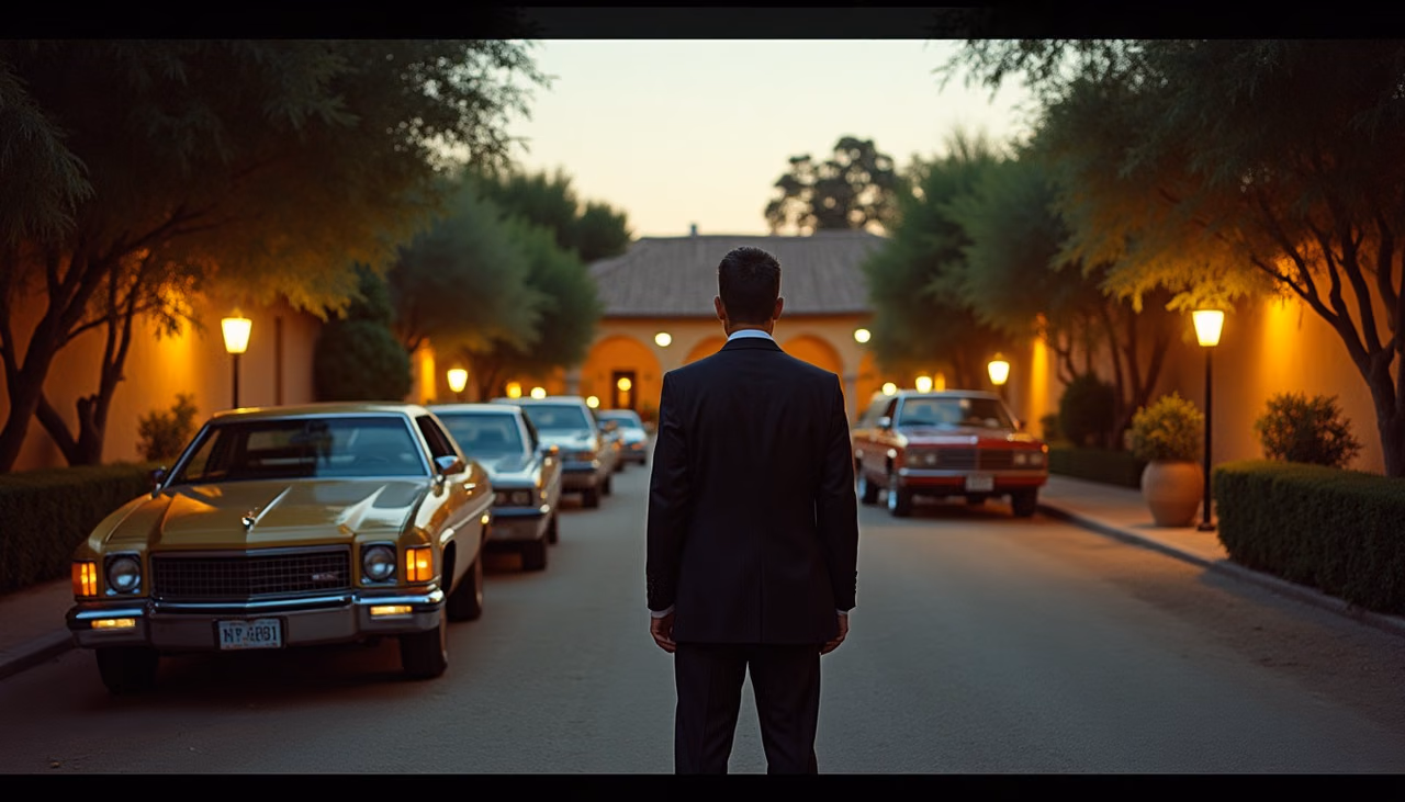 Oficial de traje supervisando la fila de coches en el acceso de la hacienda al atardecer