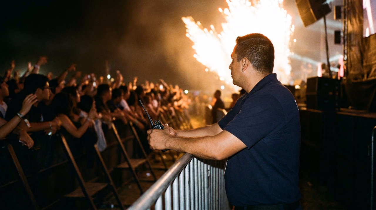 Elemento de SEPRIEV sosteniendo la valla frontal de un concierto frente al público