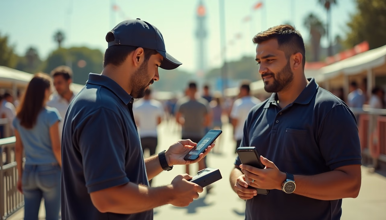 Elemento de SEPRIEV escaneando el código del boleto en el teléfono de un asistente