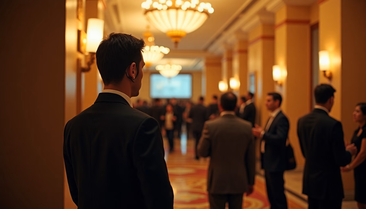 Oficial de traje junto al mostrador de registro en el acceso de un salón de hotel