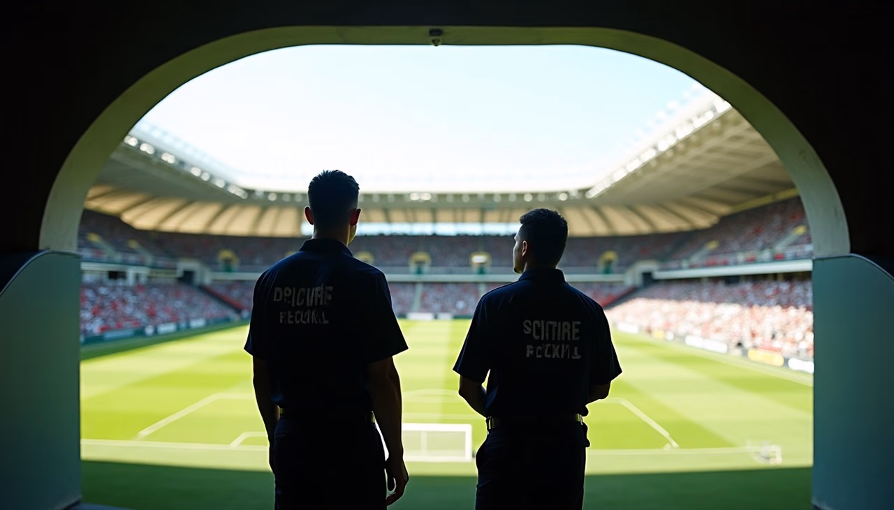 Dos elementos de SEPRIEV en la boca del túnel de un estadio frente a las tribunas