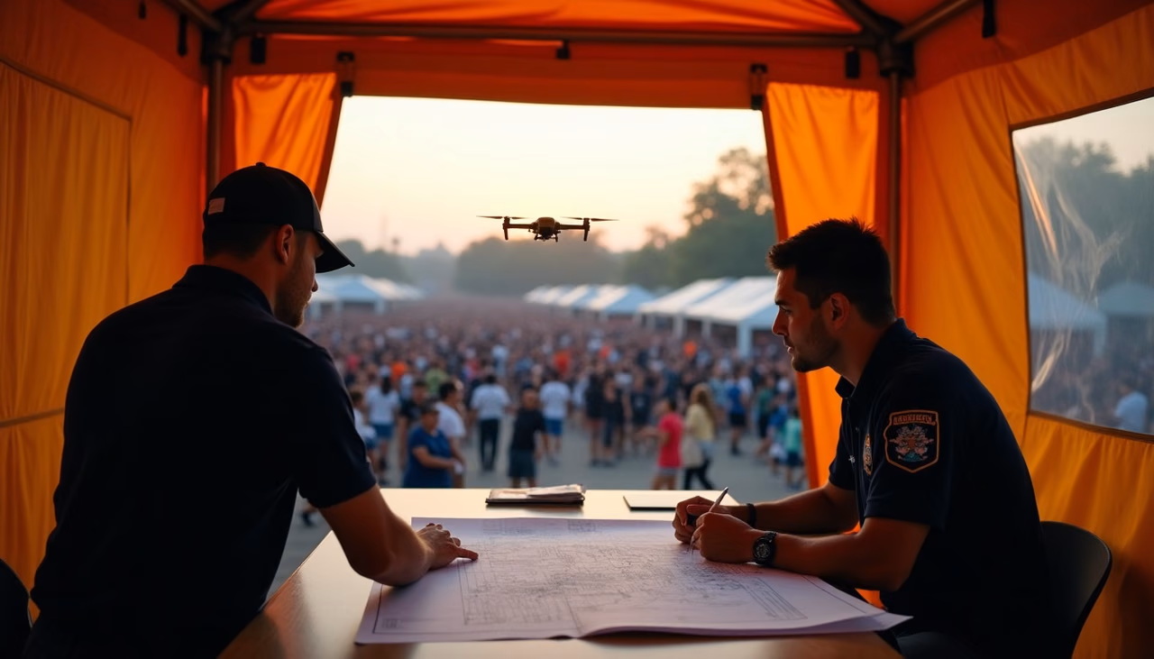 Coordinador de SEPRIEV revisando el plano del predio en el centro de mando mientras vuela un dron