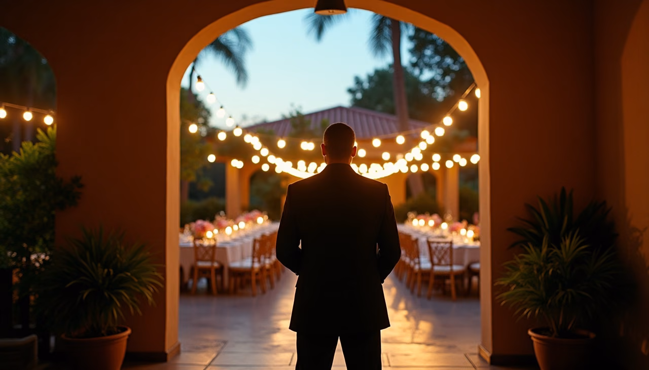 Oficial de traje en el arco de entrada de una boda de jardín al atardecer