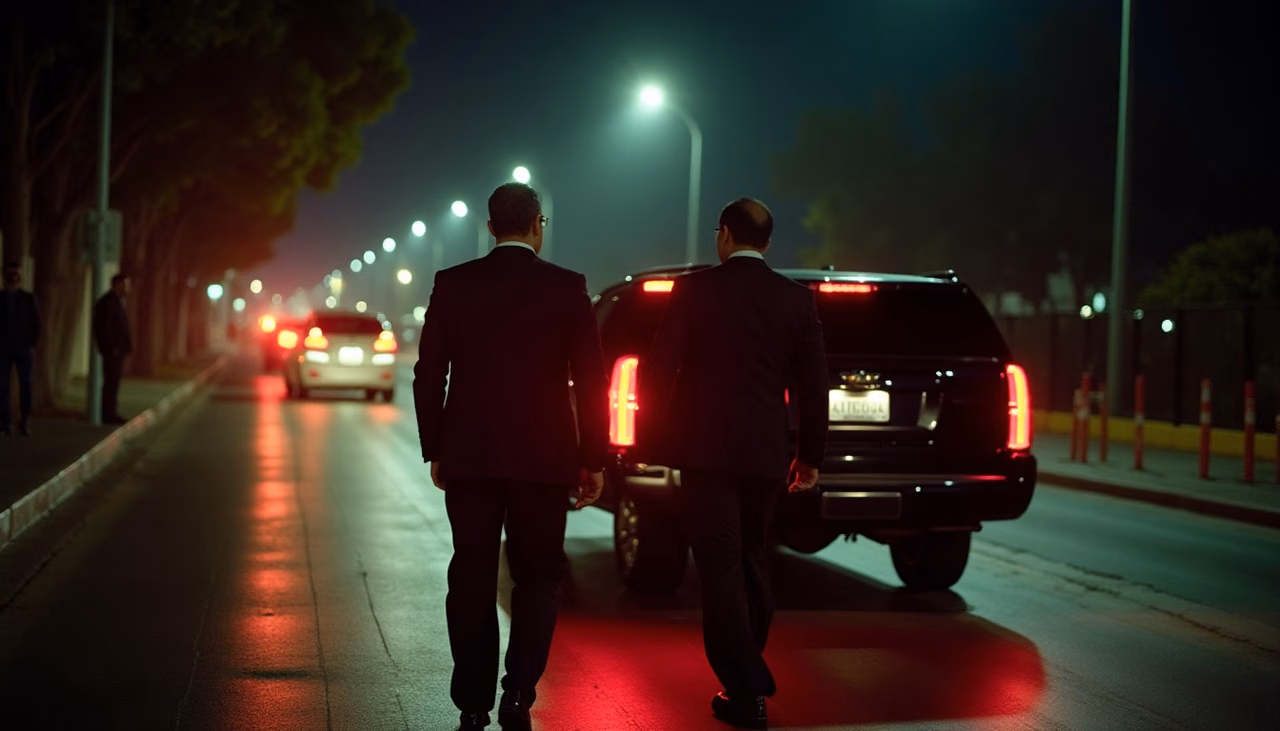 Dos escoltas flanqueando la camioneta que sale por la puerta de servicio del recinto al final de la noche