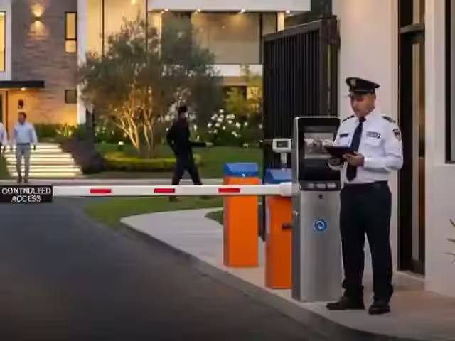 Guardia con tableta junto al kiosco de registro y la pluma del acceso vehicular de un desarrollo residencial al anochecer