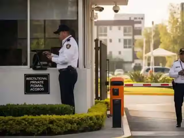 Caseta de control con pluma vehicular y dos elementos en el acceso de un fraccionamiento