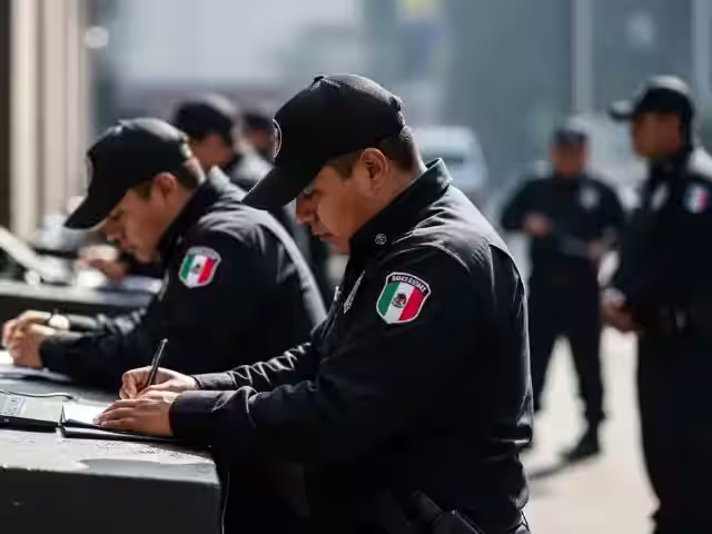Elementos firmando la bitácora del turno durante el cambio de guardia