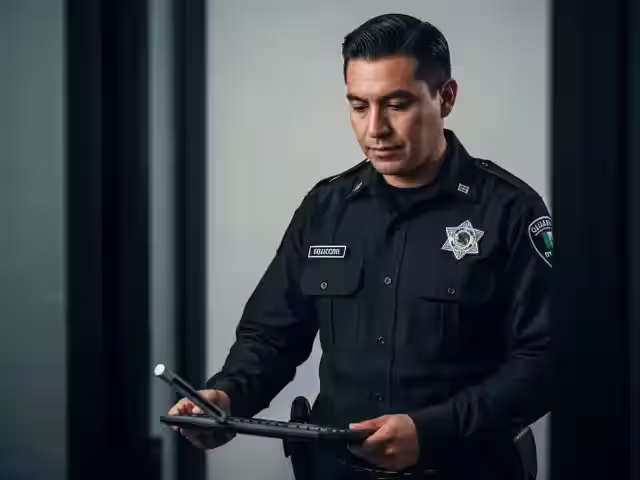Elemento uniformado revisando la bitácora digital en una tableta dentro del inmueble