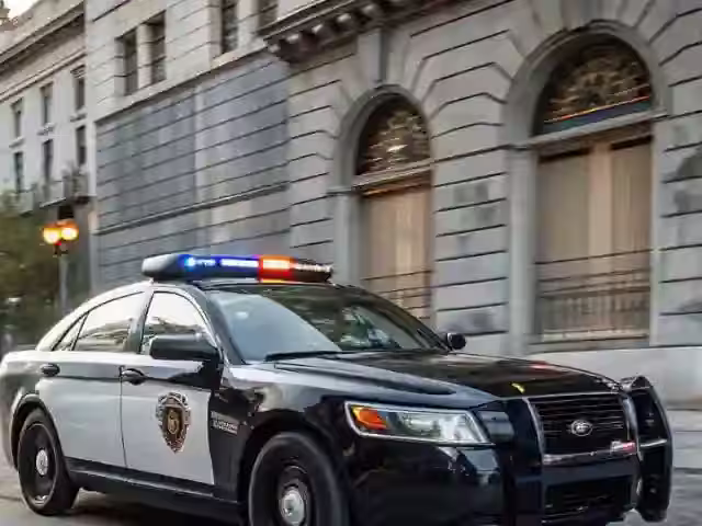 Unidad de patrullaje rotulada y estacionada frente a la fachada de piedra de un edificio, con la torreta encendida
