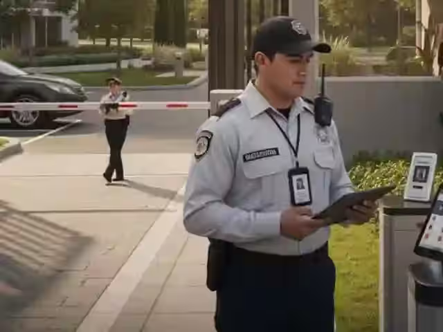 Elemento con radio y tableta en el acceso vehicular, con un segundo guardia en la pluma al fondo