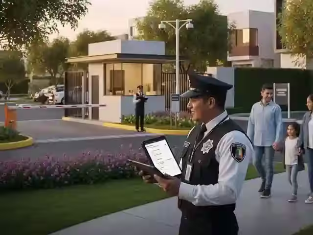 Guardia consultando la bitácora digital en el andador interior mientras entra una familia