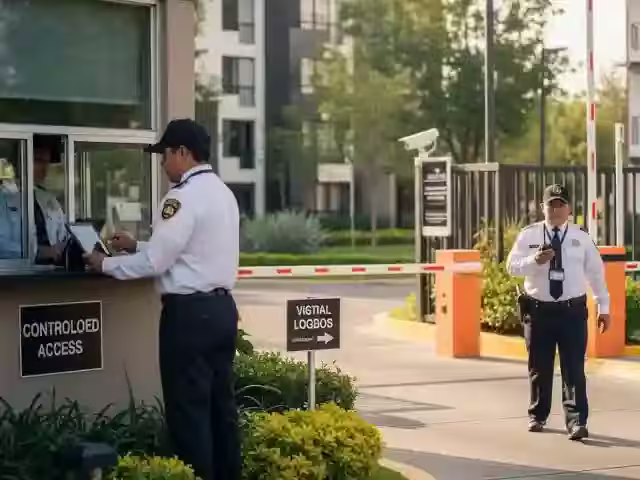 Dos guardias en la caseta de un condominio, uno en la ventanilla y otro cubriendo el carril vehicular