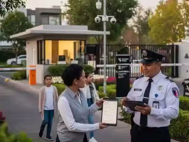Guardia recogiendo la firma de la administradora en una tableta, junto a la caseta de acceso