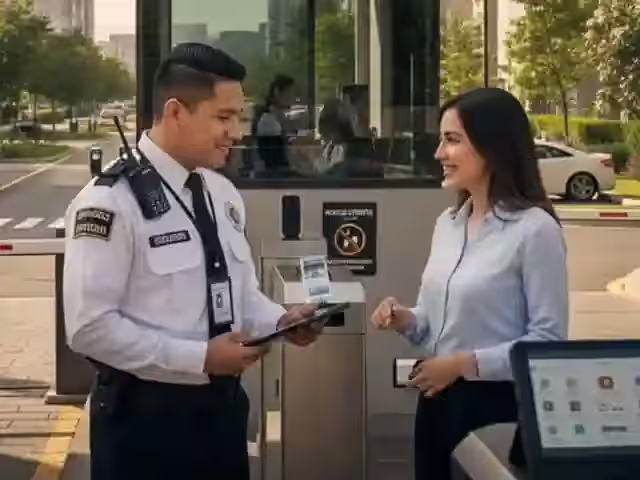 Guardia entregando un gafete de visitante a una residente en el torniquete del lobby