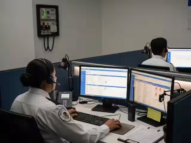 Operadora con diadema atendiendo el tablero de alarmas de la central de monitoreo, con dos pantallas de eventos activos