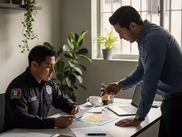 Supervisor revisando el plano de un desarrollo con un representante del comité durante el diagnóstico previo
