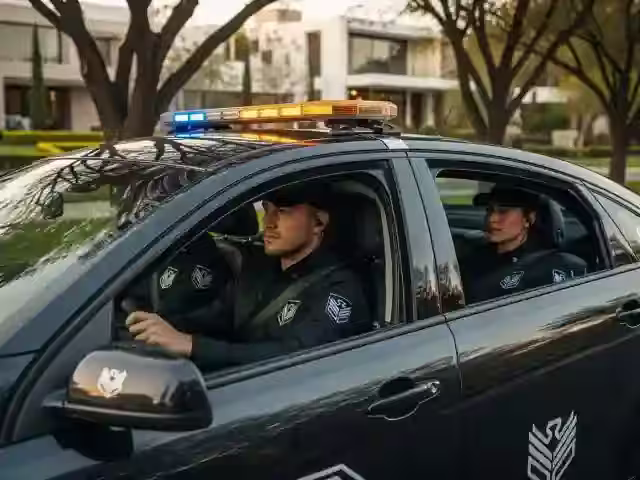 Unidad de patrullaje con dos elementos a bordo recorriendo una calle interna de un fraccionamiento