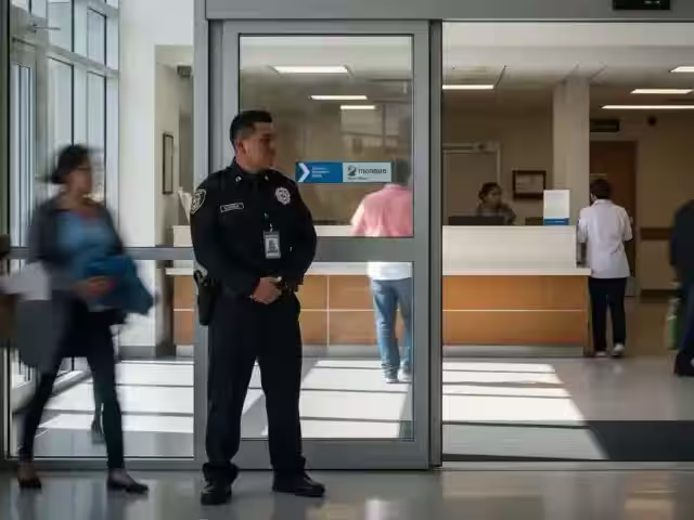Guardia de seguridad de VIRELTA en el acceso de un centro médico